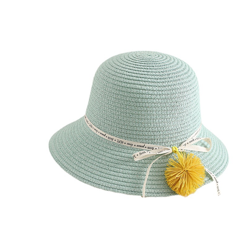 Little Girls' Straw Hat Summer Beach Sun Hat Parent-Child Big Brim Baby Sun Protection Hat Bag Set Small Fur Ball