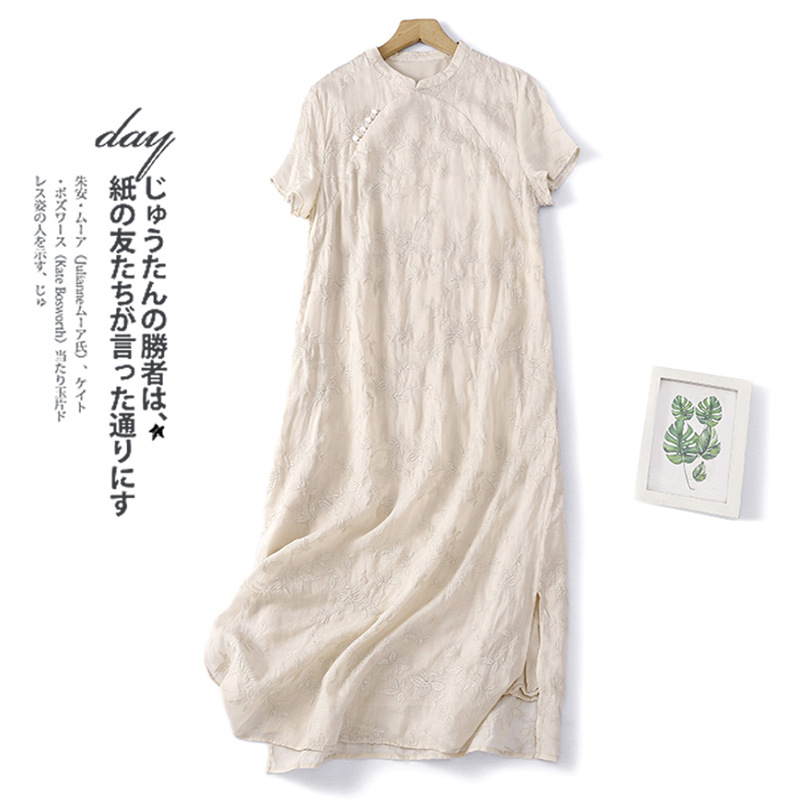 2023 Summer New Cotton and Linen Embroidery Craft Chic Cheongsam Summer Chinese Improved Cotton and Linen Midi Dress