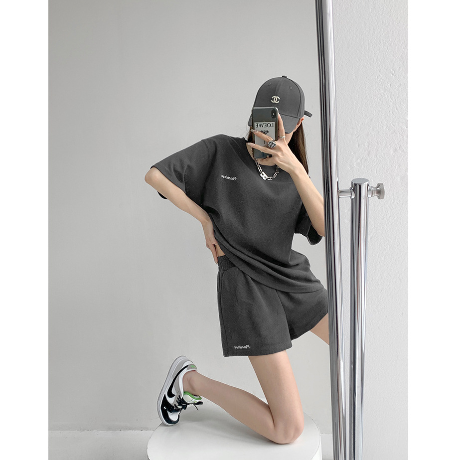Waffle Loose Sports Style Short-Sleeved Shorts Two-Piece Women's Summer Thin round Neck T-shirt Casual Hot Pants Suit