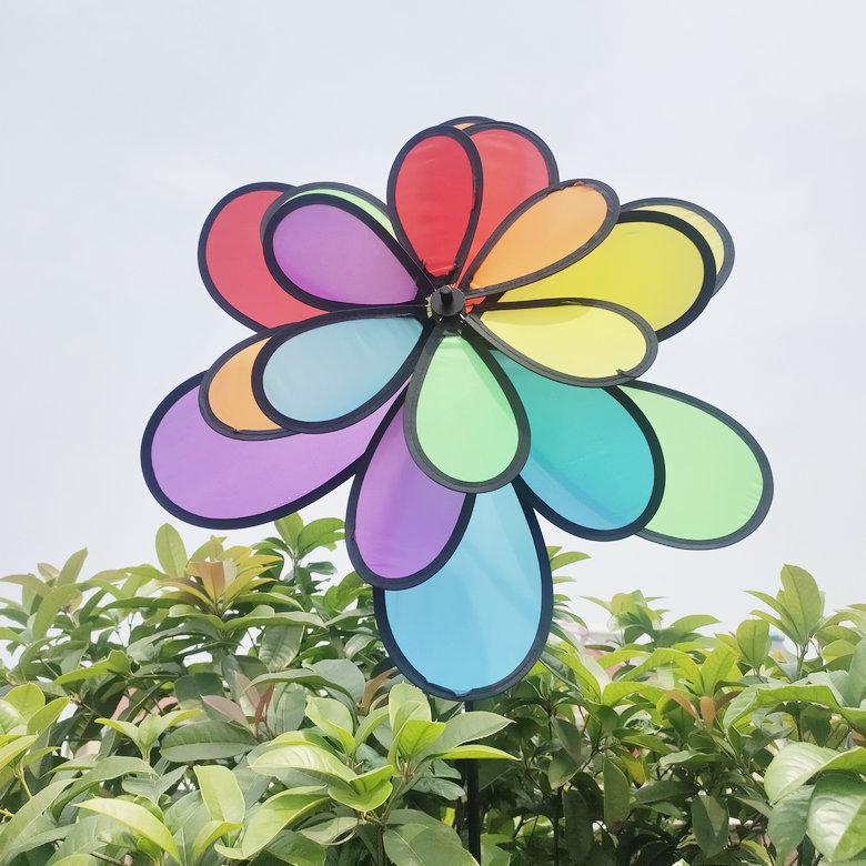 黑边三层彩虹轮布艺风车儿童玩具户外双层圆形风车楼盘园林装饰