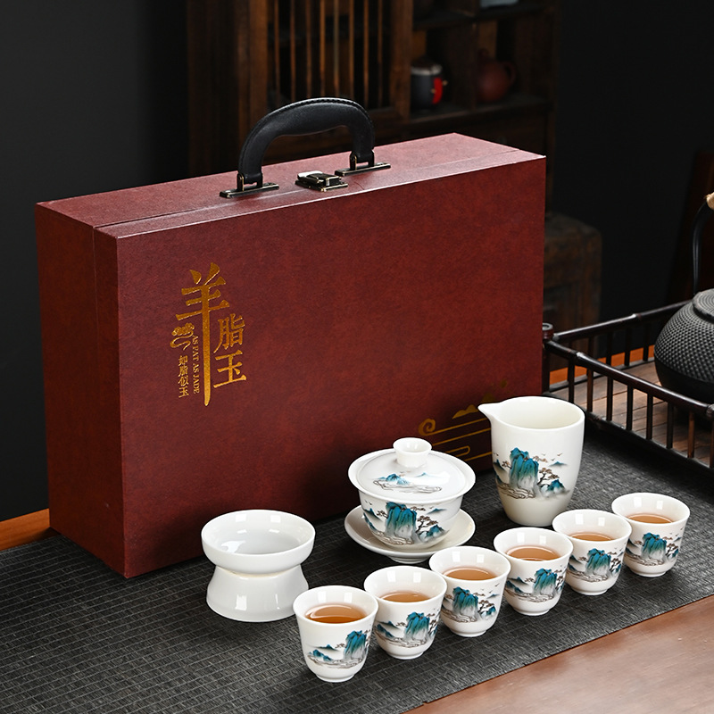 Thousand-Li Landscape White Jade Porcelain Kung Fu Tea Set Set High-End Enterprise Business Annual Meeting Gift Set Logo