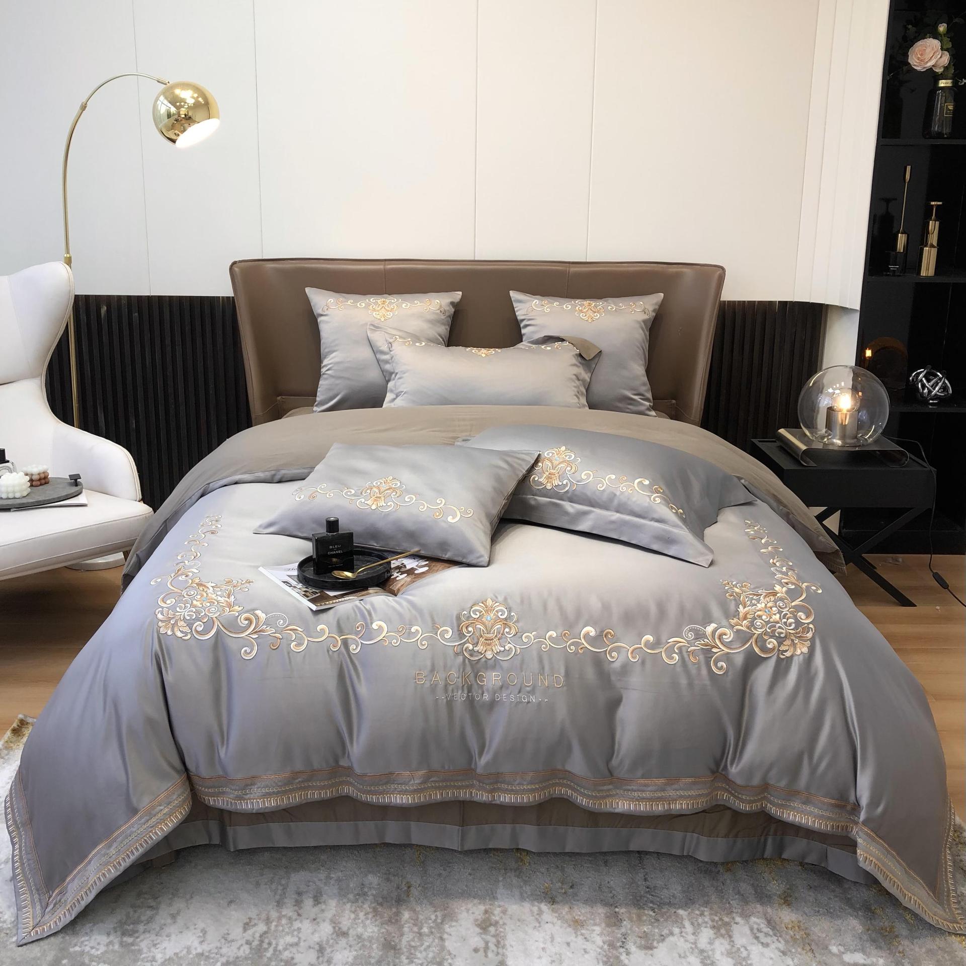 欧式刺绣60支水洗真丝四件套轻奢风纯棉全棉被套床笠款床上用品4