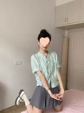 绿色短袖衬衫女夏季新款设计感小众系带褶皱衬衣法式奶系温柔上衣