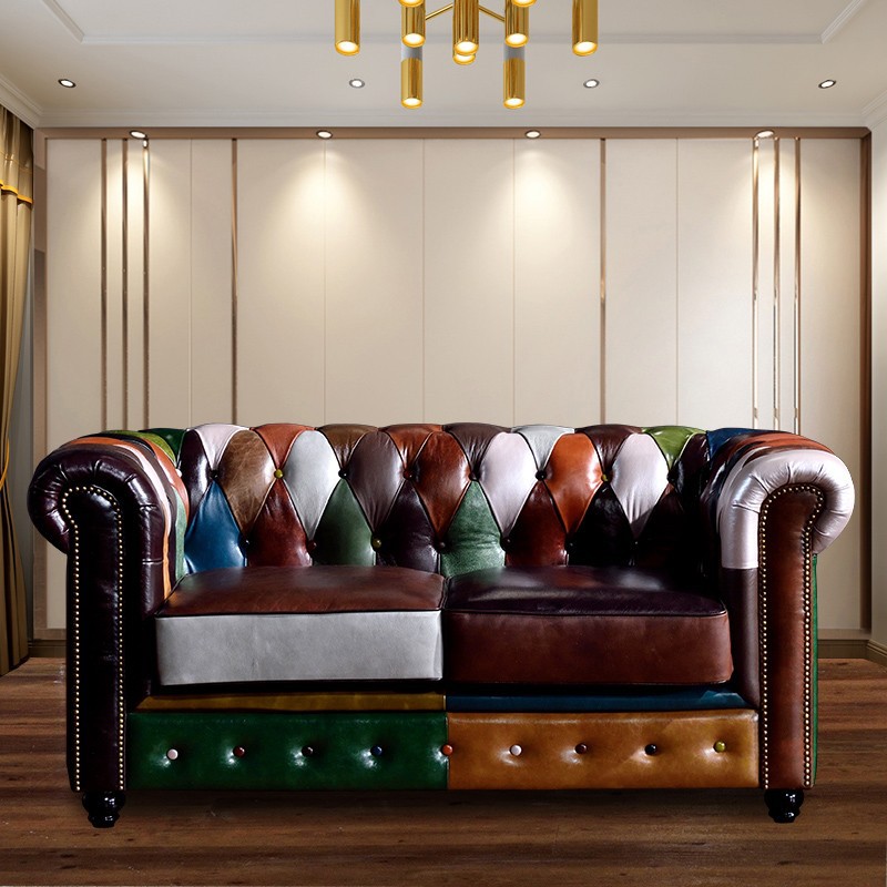 美式复古拼色个性咖啡厅酒吧ktv油蜡皮沙发老上海复古做旧沙发