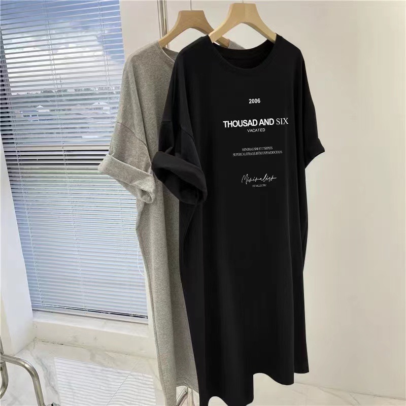 South Korea Short Sleeve Dress Women's Clothing Summer Plump Girls plus Size Slimming Mid-Length T-shirt Skirt over-the-Knee Casual Long Skirt Women Clothes