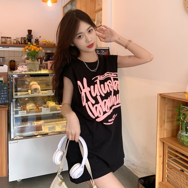 Women's Foam Letter Print Lower Body Covering T-shirt Summer Idle Style Loose Mid-Length Sleeveless Vest Top