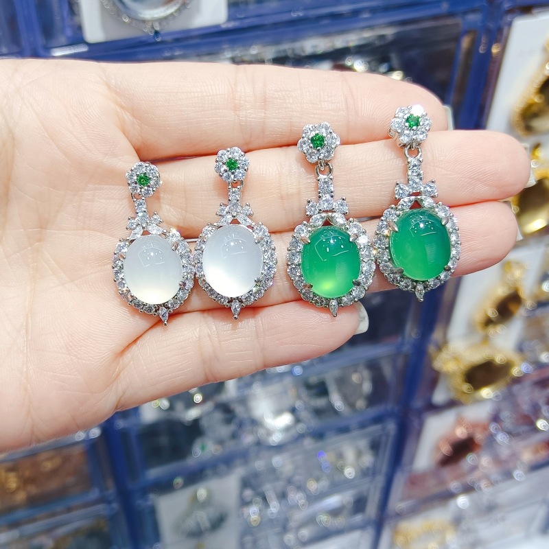 豪华满钻镶嵌玉髓耳钉女款成品耳饰微镶锆石镶玛瑙空托耳坠首饰