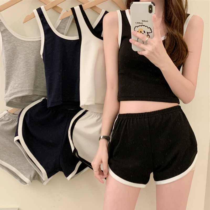 夏季新款女运动吊带背心短裤套装短上衣热裤休闲套装瑜伽裤露脐装