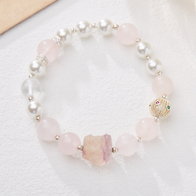 仇氏新款10mm粉晶手串施华洛贝珠diy萤石手链国潮饰品送闺蜜礼物