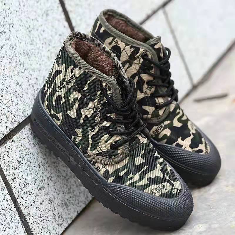 Winter Fleece Lined Padded Warm Keeping Camouflage Cotton Shoes Men's High-Top Canvas Shoes Non-Slip Construction Site Warm Liberation Shoes Labor Protection Shoes