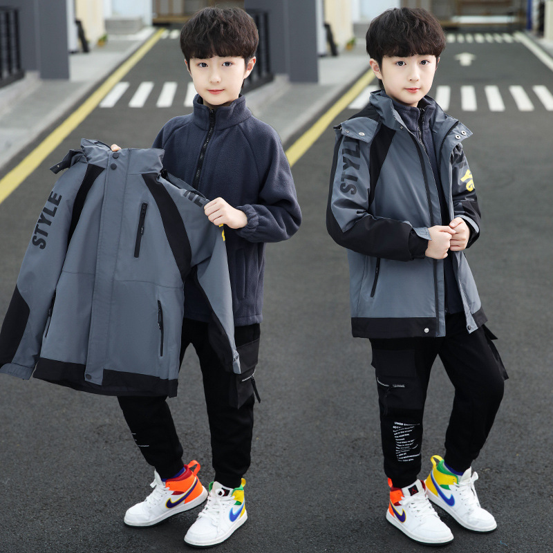 Boys' Autumn and Winter Models Three-in-One Coat for Middle and Big Children Detachable Shell Jacket Thick Warm Winter Color Matching Top Handsome
