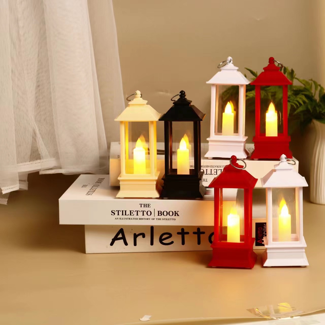 Cross-Border Retro Square Small Lantern Small Oil Lamp Electric Candle Lamp Plastic Night Lamp Decoration Storm Lantern