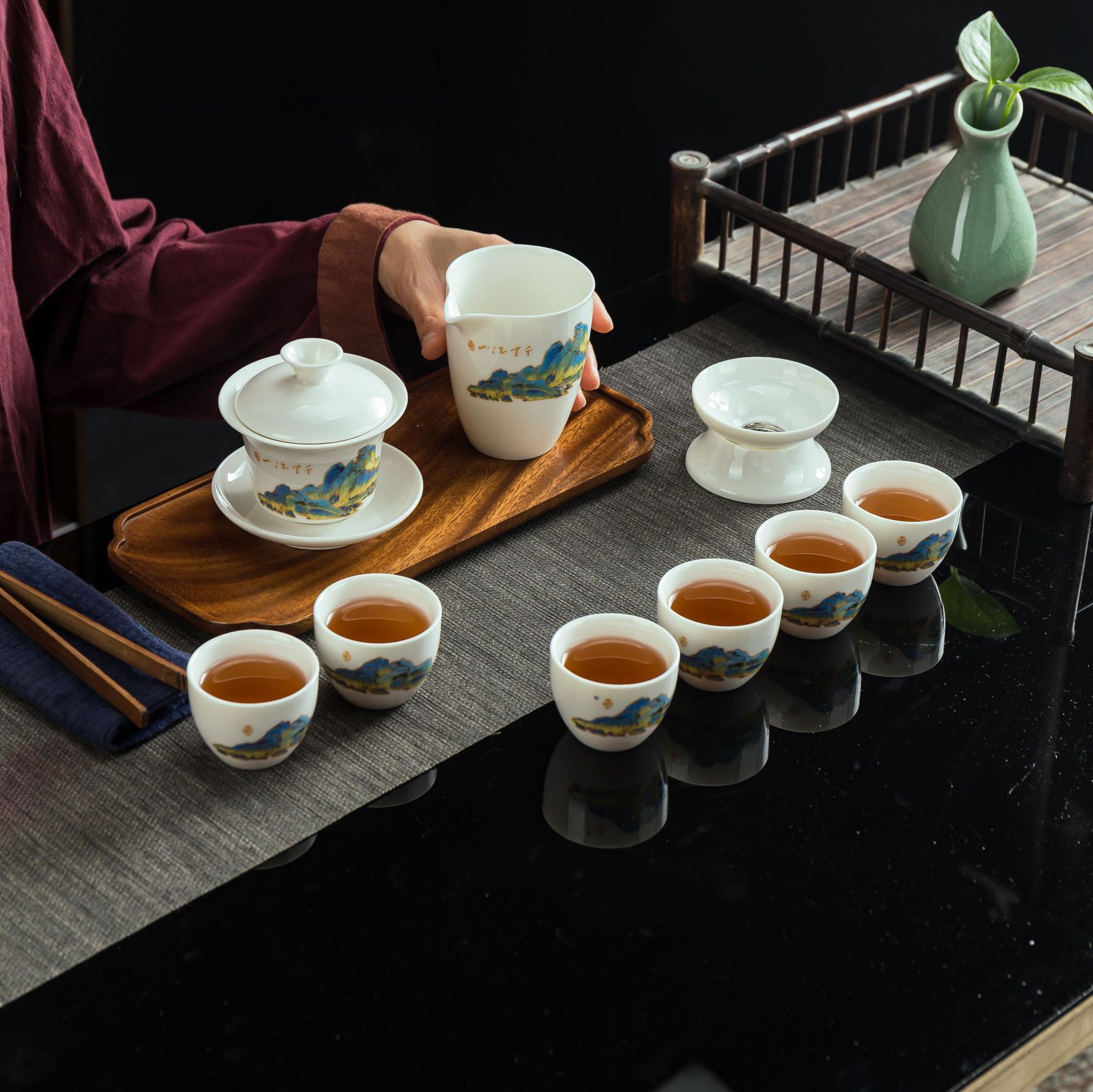 千里江山 德化白瓷茶具套装礼盒中式白瓷盖碗泡茶壶茶碗商用整套