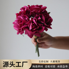 高端仿真花水润保湿玫瑰花束手感5头卷边玫婚庆手捧装饰假花批发
