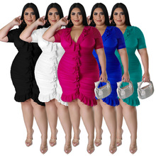 N7816 欧美大码女装亚马逊新品网纱里布透视双层荷叶边性感连衣裙