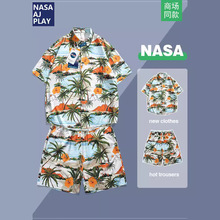 NASA夏威夷风海岛旅行休闲宽松复古短袖短裤衬衫男沙滩花衬衣两件