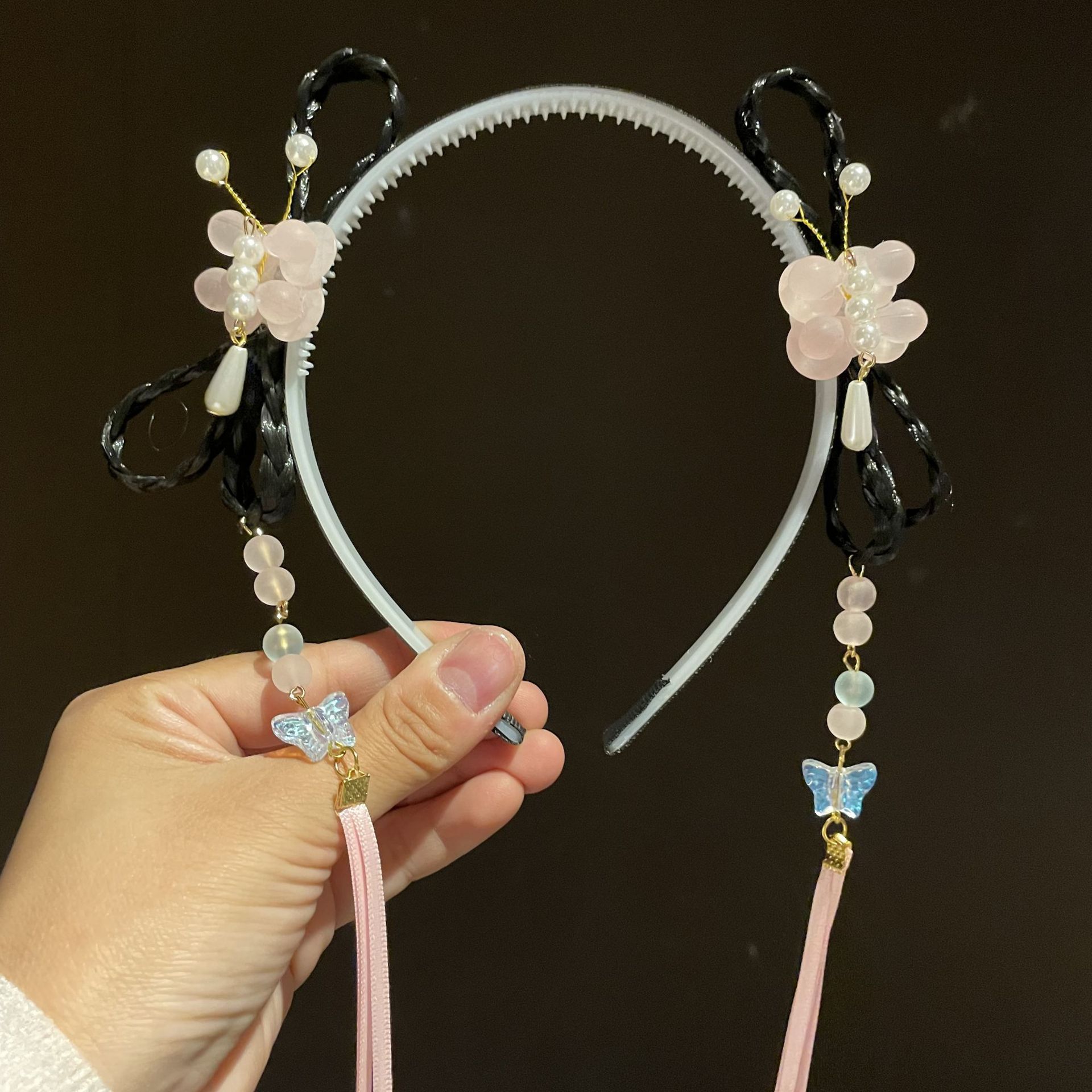 儿童小女孩发箍假发小花流苏头箍一体汉服小辫子古装造型发饰发卡