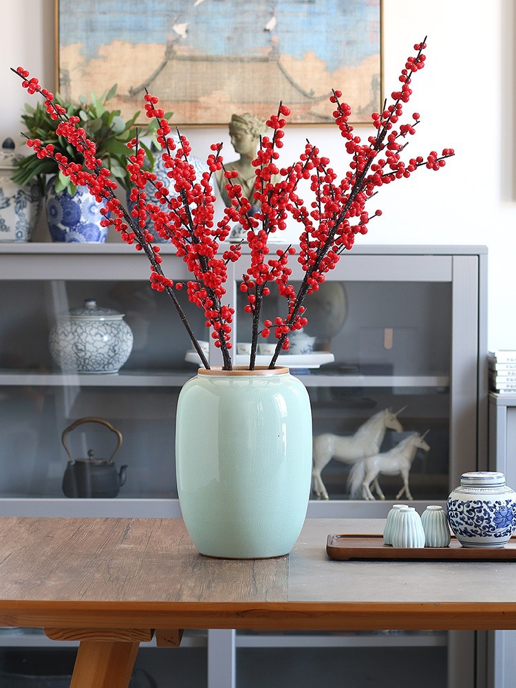 冬青红果发财果仿真花摆件客厅电视柜结婚新年装饰品假花插花花艺