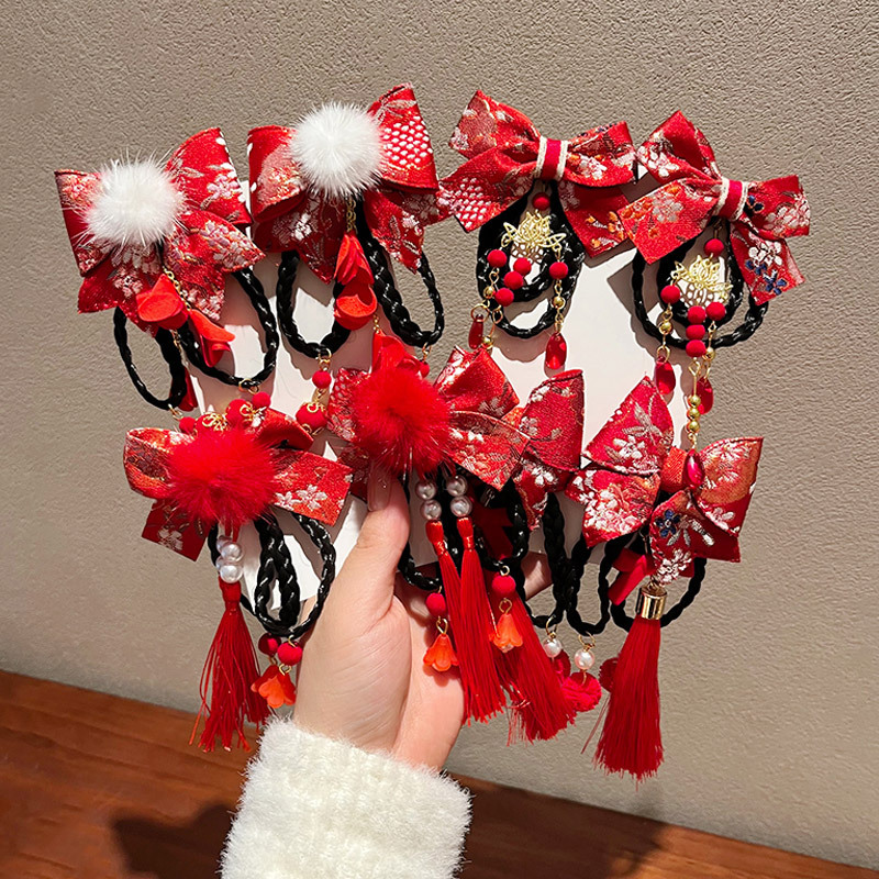 New Year Antique Children's Hair Accessories Red Style Headdress for Han Chinese Clothing Baby Bow Rabbit Hairpin Little Flowers Hairpin