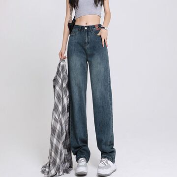 加绒加厚牛仔裤女宽松阔腿做旧显瘦直筒垂感拖地长裤子潮ins-阿里巴巴