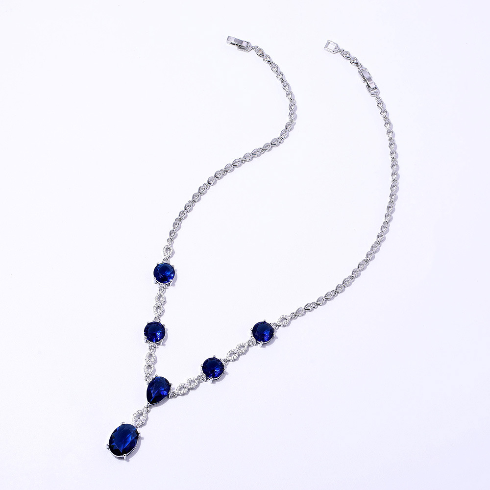 蓝宝锆石套装 时尚白金镶天然蓝宝石耳环戒指手链项链首饰套装 图片