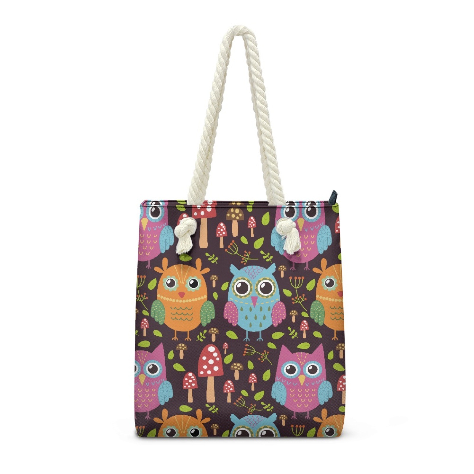 亚马逊热销女款手提包猫头鹰蘑菇花卉图案印花来图印麻绳式单肩包