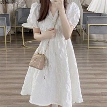 夏季法式甜美初恋领白色连衣裙女泡泡袖学生韩版显瘦中长款字裙翀