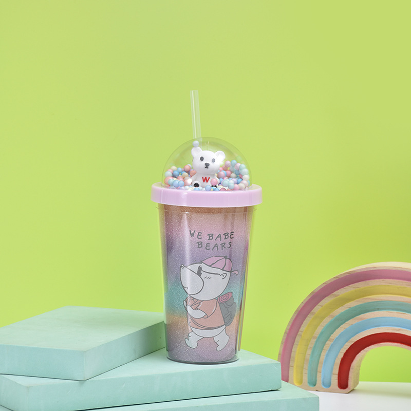 Cartoon Bear Children's Plastic Cup Small Beads Transparency Cover Cup with Straw Large Capacity Student Couple Gift Cup