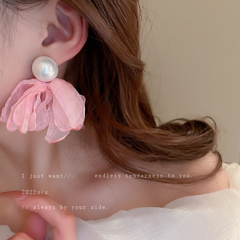 Silver Needle Sweet Elegant Pink Lovely Flower Tassel Earrings Fashionable Personalized Earrings High-Grade All-Match Earrings for Women
