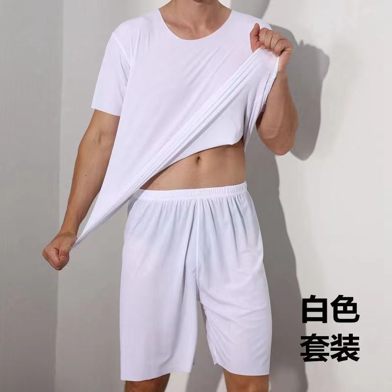 High-Grade Ice Silk round Neck Solid Color Short-Sleeved T-shirt Men's Summer Thin Ins Trendy Loose Sports and Leisure Shorts Suit