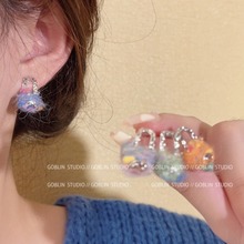 少女~彩虹毛线毛球耳环2023韩国小众设计感耳环可爱俏皮秋冬耳饰