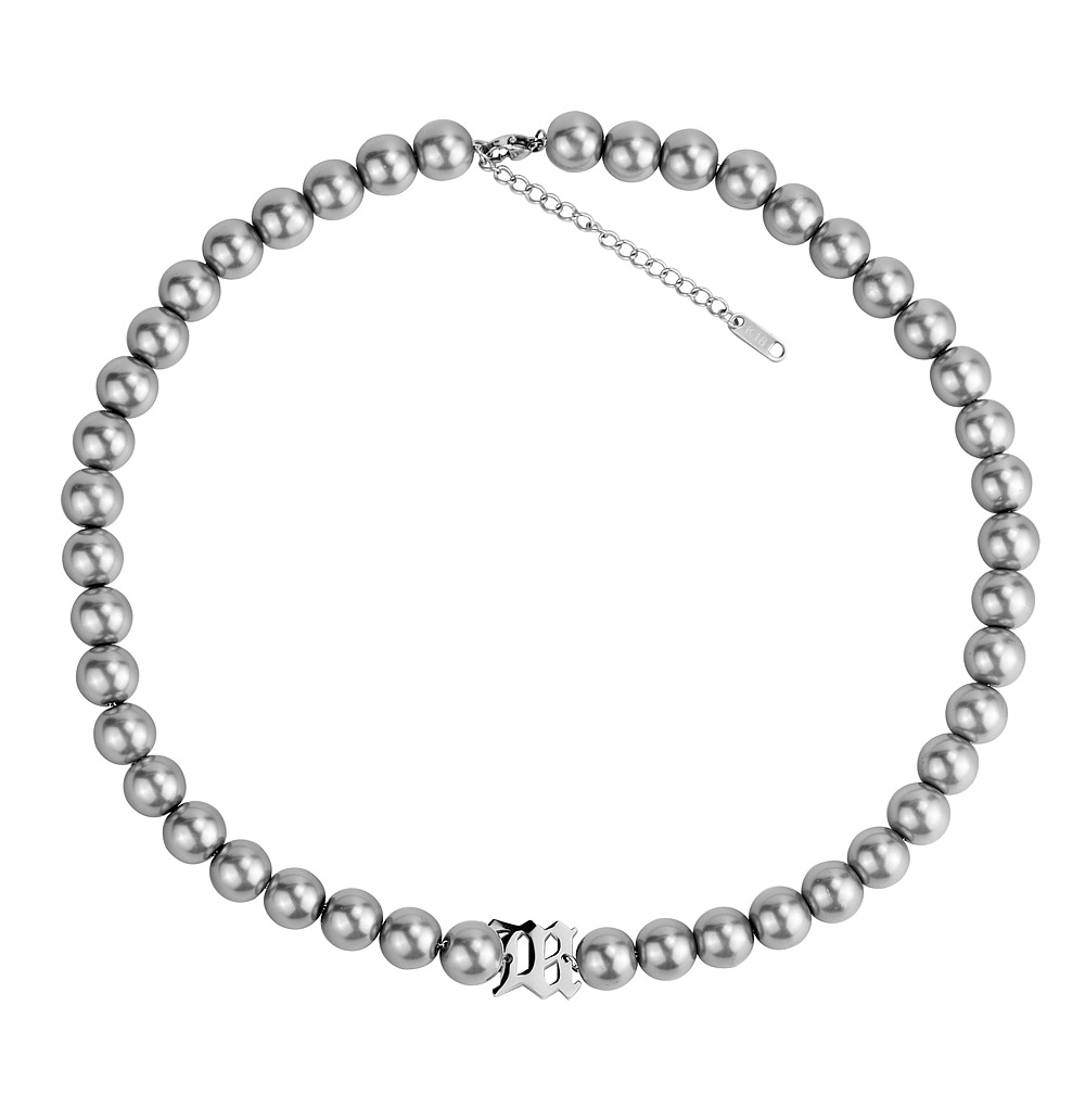 王一博同款钛钢字母金属拼接灰珍珠项链街头男女嘻哈蹦迪锁骨链子