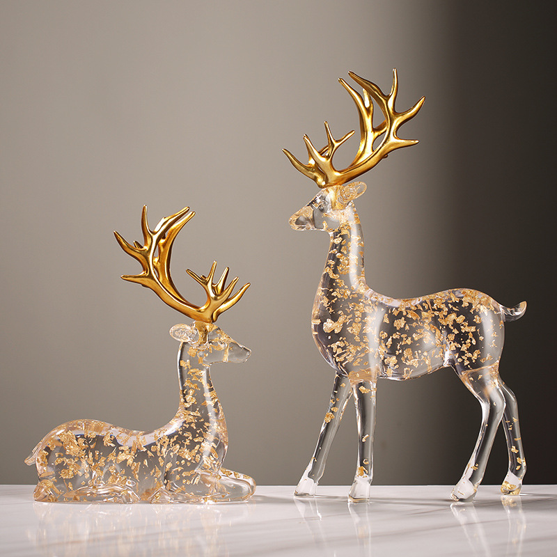 现代轻奢透明金箔麋鹿摆件高档客厅电视柜酒柜玄关家居装饰品摆件