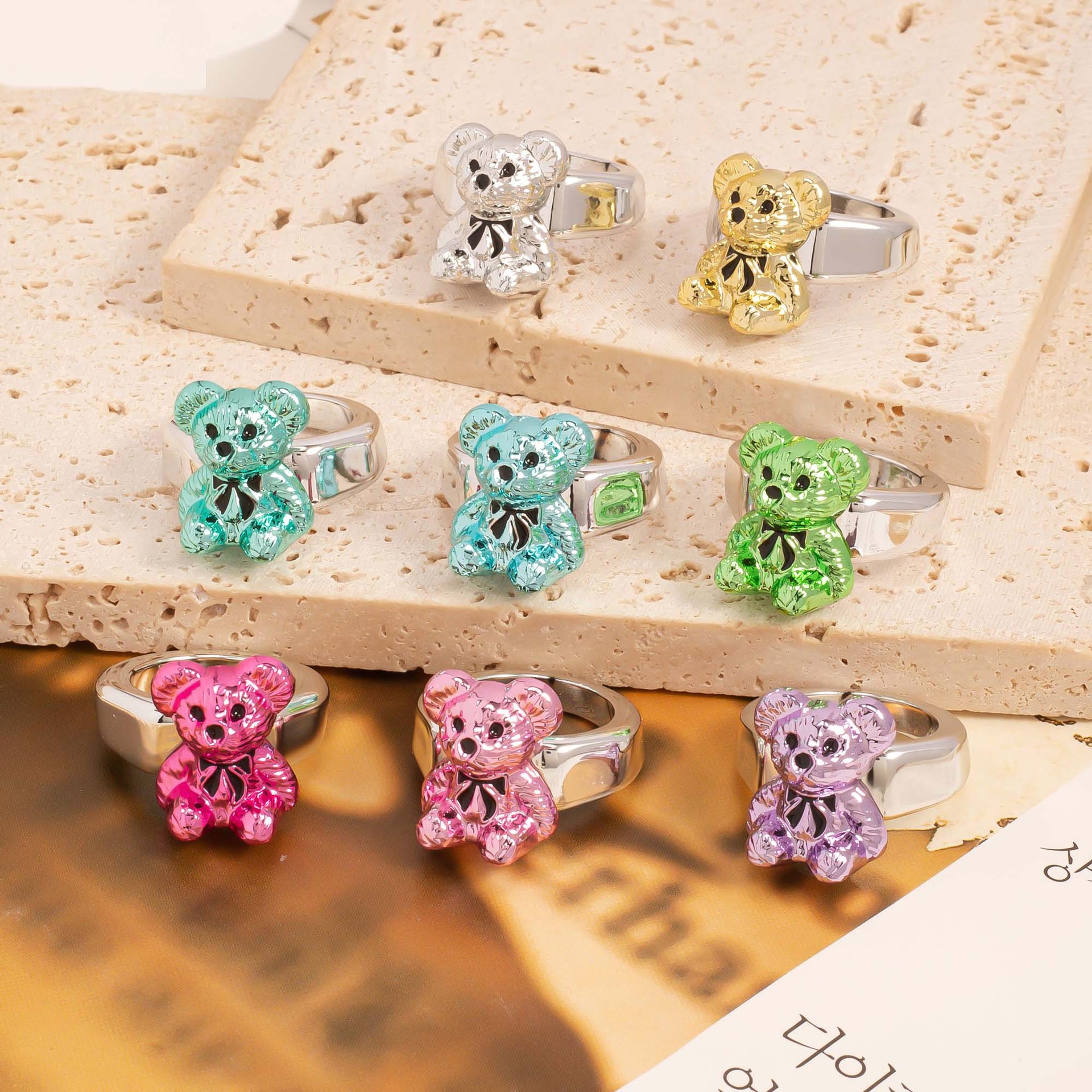 Cute Bear Tie Ring Electroplated Color Retaining Colorful Dream Minority Simple Versatile Design Sense Animal Little Finger Ring