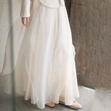 新中式飘逸仙女半身裙 春装新款 白色国风复古长款网纱裙B0206