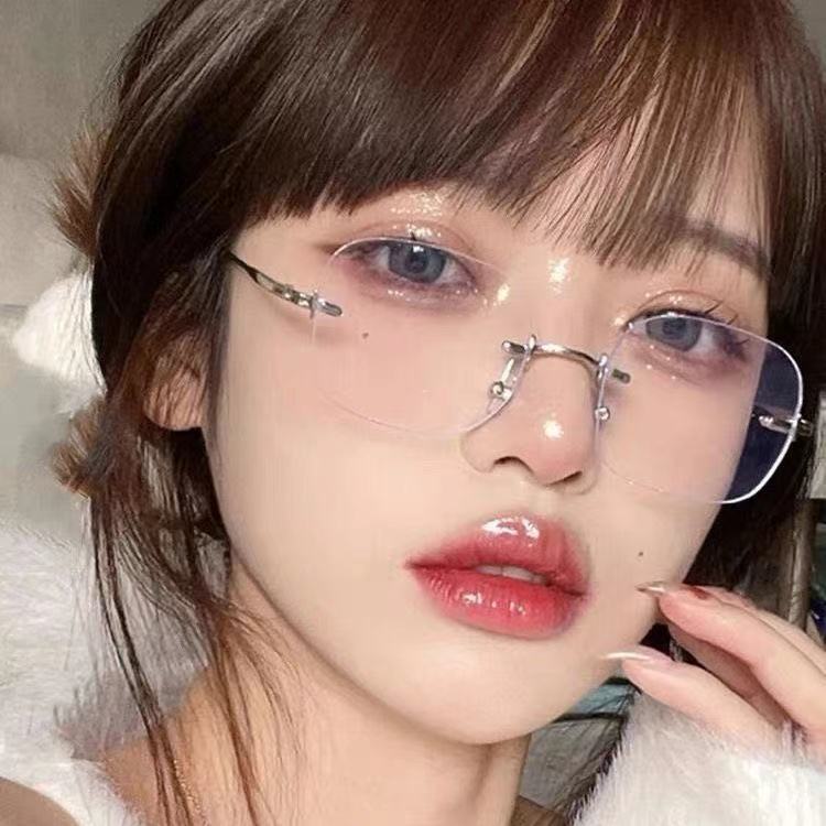 New Frameless Ladies Anti-Blueray Mirror Xiaohongshu Same Style Plain Fashion Trend Retro Spectacle Frame Myopia Glasses