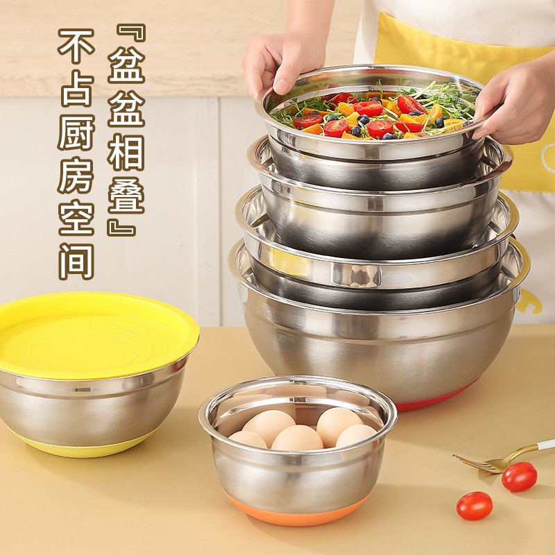 Cross-Border Stainless Steel Salad Bowl Silicone Bottom Egg Pots Cuisine Basin Thickened Salad Bowl Baking Mixing Bowl Salad Bowl