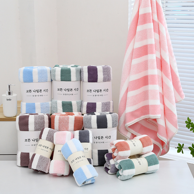 Warp Knitted Coral Fleece Two-Color Wide Stripe Towels Set Soft Absorbent Gift Supermarket Child and Mother Covers Wholesale