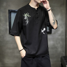 新中式亚麻短袖t恤男士夏季中国风男装古风刺绣半袖上衣棉麻汉服