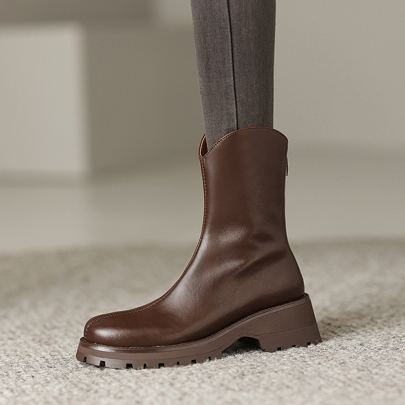 韩版v口牛皮厚底短筒西部靴英伦风复古圆头中粗跟单靴加绒短靴女