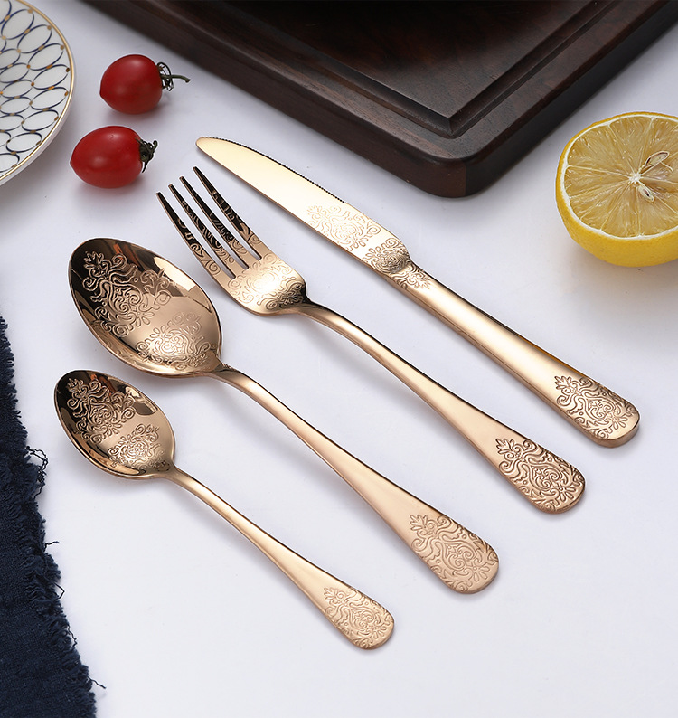 亚马逊新款430不锈钢餐具四件套镀钛西餐牛排刀叉勺礼品盒套装