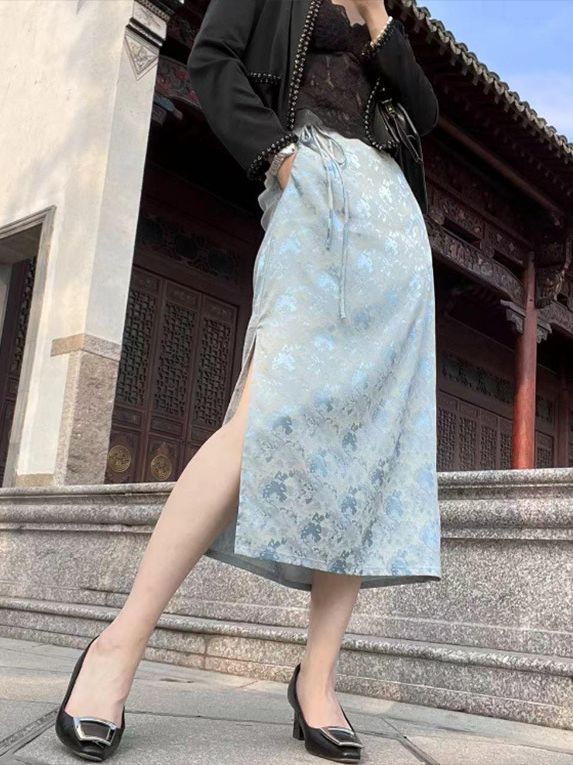 法林达 2023名港夏季新款中国风气质高腰春夏开叉时尚显瘦半裙