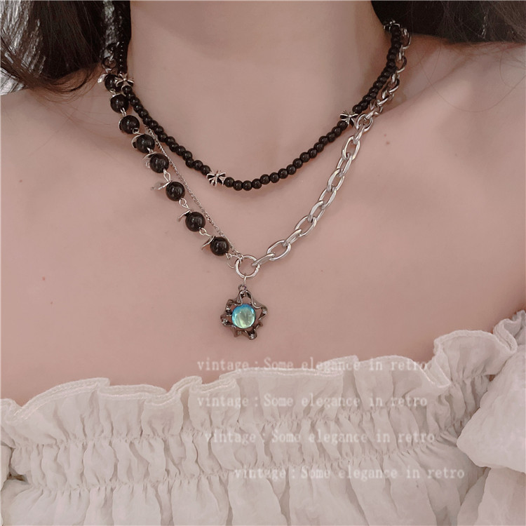 Ice Crack Moonstone Black Beaded Necklace Design Titanium Steel Gender-Free Casual Necklace Hip Hop Cool Clavicle Chain