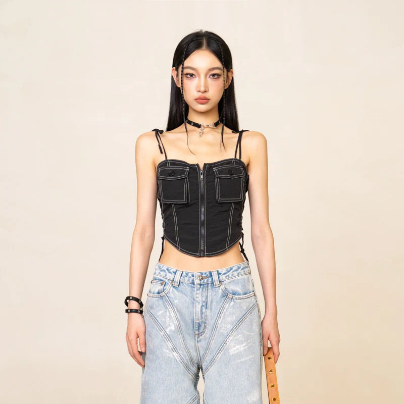 smfk流浪伞兵束腰可调节镂空抽绳吊带新款百搭修身上衣-阿里巴巴