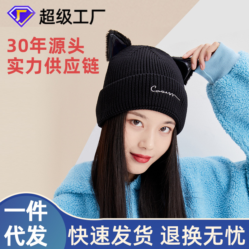 knitted hat women‘s autumn and winter new south korea fashion brand woolen cap cat ears hat fashion knitted hat wholesale