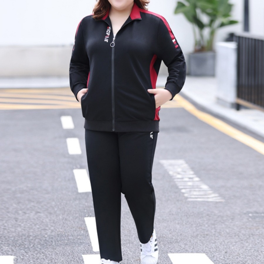 大码长袖运动两件套装女300斤胖妈妈宽松显瘦春秋休闲健身跑步服