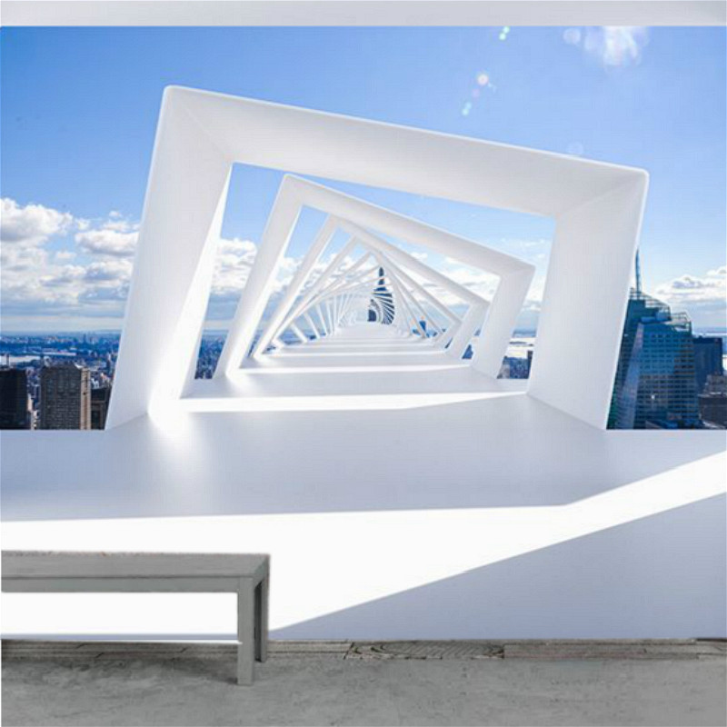 3d立体城市建筑延伸墙纸办公室收银台展示厅舞蹈瑜伽视觉扩展壁纸