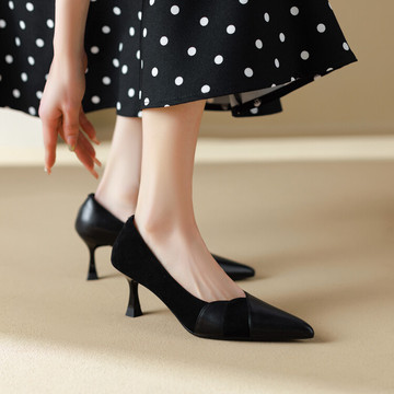 简约女鞋春秋季新款鞋子尖头细跟高跟鞋拼接四季通勤鞋正装单鞋女