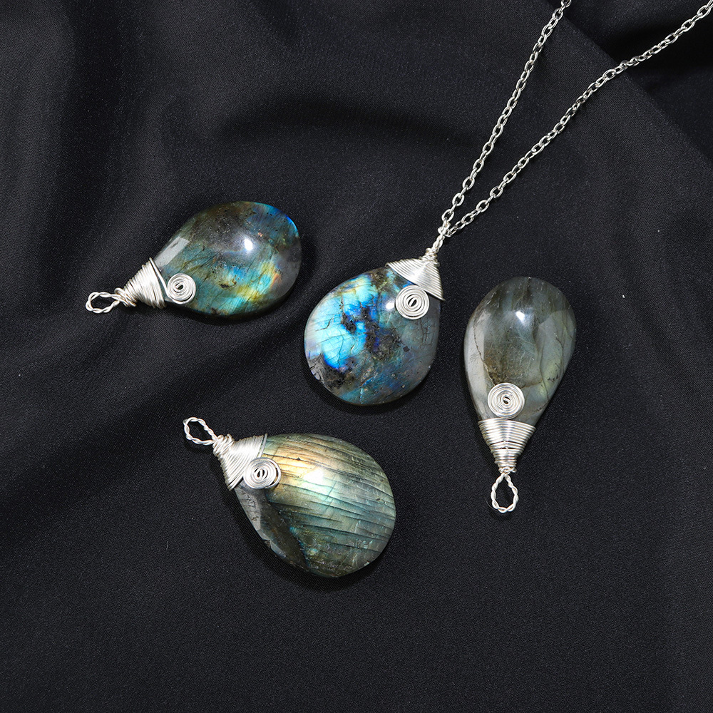 天然水晶拉长石水滴银丝吊坠月光石原石手工编织挂件水晶饰品项链