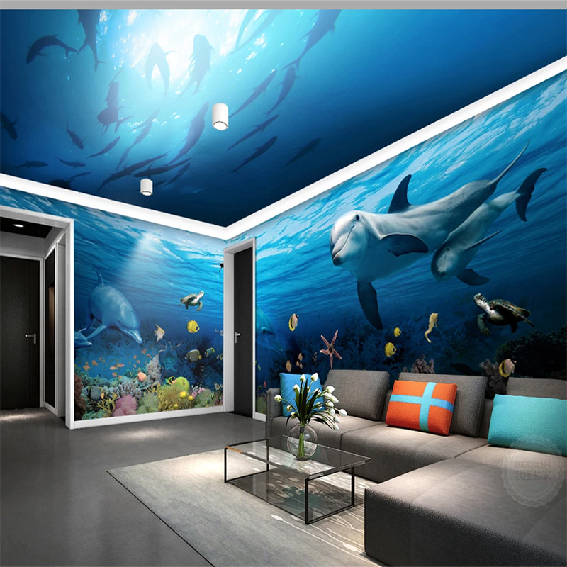 定 制3d海底世界墙纸儿童房diy壁画水族馆游泳馆海洋风格主题壁纸